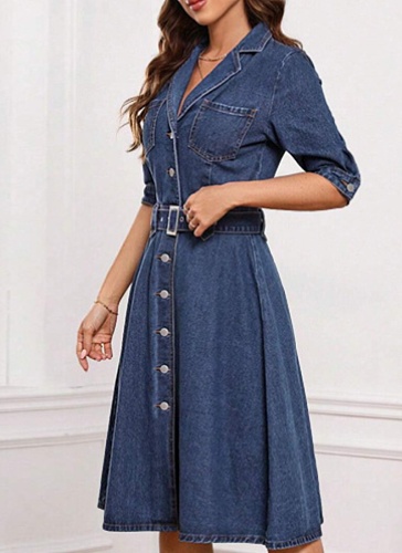 Dark Blue New Denim Waist Slimming Short-Sleeved Mid-Length Dress