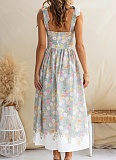 New Holiday Style French Floral Waist Slim Fit Color Matching Suspender Dress For Women