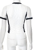 Contrast Color Hot Diamond Lace Mesh Splicing Short Top