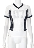 Contrast Color Hot Diamond Lace Mesh Splicing Short Top