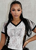 Contrast Color Hot Diamond Lace Mesh Splicing Short Top
