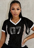 Contrast Color Hot Diamond Lace Mesh Splicing Short Top