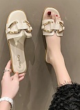 Summer New All-Match Soft Leather Flat Slip-On Square Buckle Beach Sandals