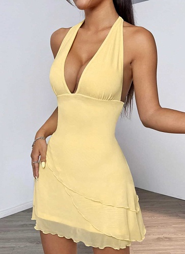 Halter Neck Deep V Neck Light Yellow Net Yarn Hot Girl Sexy Short Dress