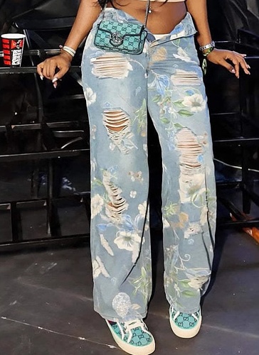 New Floral Graffiti Ripped High Waist Loose Straight Jeans