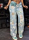 New Floral Graffiti Ripped High Waist Loose Straight Jeans
