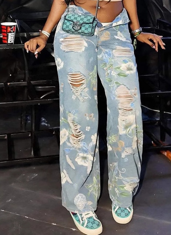 New Floral Graffiti Ripped High Waist Loose Straight Jeans