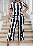 Large Size Elegant Slim Fit Elastic Striped Short-Sleeved Top Wide-Leg Pants Two-Piece Set
