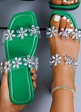 Rhinestone Flower Flat Flip Flops For Women To Wear As Outerwear, Transparent PVC Square Toe Sandals