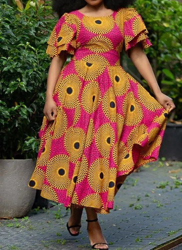 Round Neck Double Layer Ruffle Short Sleeve Printed Women's Dress
