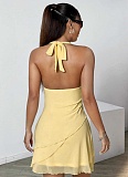 Halter Neck Deep V Neck Light Yellow Net Yarn Hot Girl Sexy Short Dress