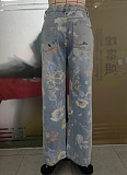 New Floral Graffiti Ripped High Waist Loose Straight Jeans