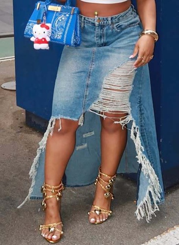 New Summer High Waist Raw Edge Ripped Hole Slit Hip Skirt