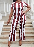 Large Size Elegant Slim Fit Elastic Striped Short-Sleeved Top Wide-Leg Pants Two-Piece Set