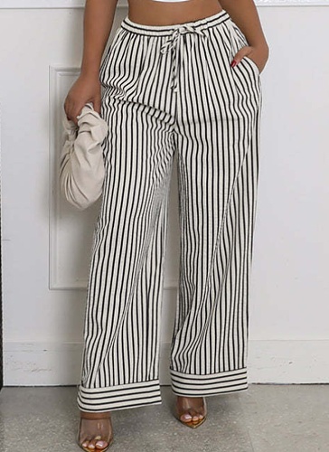 Summer New Casual Lace-Up Striped Pocket Wide-Leg Trousers For Women