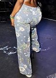 New Floral Graffiti Ripped High Waist Loose Straight Jeans