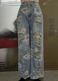 New Floral Graffiti Ripped High Waist Loose Straight Jeans