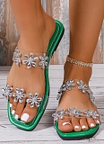 Rhinestone Flower Flat Flip Flops For Women To Wear As Outerwear, Transparent PVC Square Toe Sandals