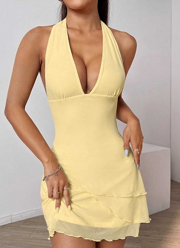 Halter Neck Deep V Neck Light Yellow Net Yarn Hot Girl Sexy Short Dress