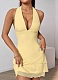 Halter Neck Deep V Neck Light Yellow Net Yarn Hot Girl Sexy Short Dress