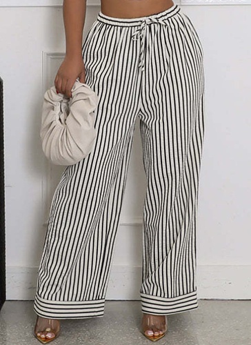Summer New Casual Lace-Up Striped Pocket Wide-Leg Trousers For Women