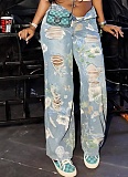 New Floral Graffiti Ripped High Waist Loose Straight Jeans