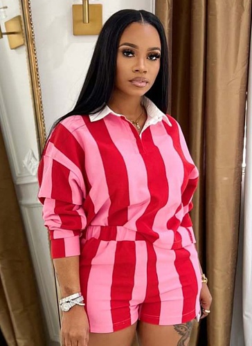 Fashion Casual Sports Striped Print Lapel Top Tight Shorts Two-Piece Suit For Women