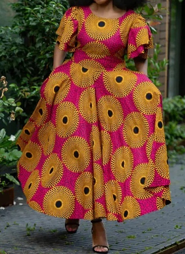 Round Neck Double Layer Ruffle Short Sleeve Printed Women's Dress