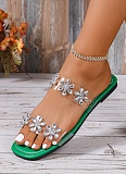 Rhinestone Flower Flat Flip Flops For Women To Wear As Outerwear, Transparent PVC Square Toe Sandals