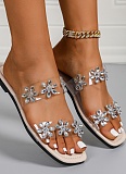 Rhinestone Flower Flat Flip Flops For Women To Wear As Outerwear, Transparent PVC Square Toe Sandals