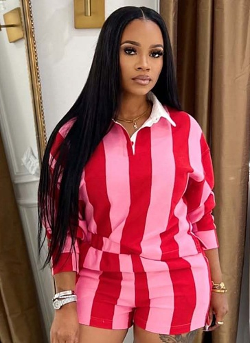 Fashion Casual Sports Striped Print Lapel Top Tight Shorts Two-Piece Suit For Women