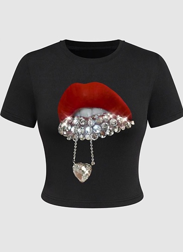 Women'S Lips Printed Crew Neck T-Shirt Top