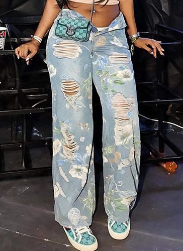 New Floral Graffiti Ripped High Waist Loose Straight Jeans