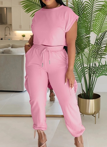 New Casual Round Neck Solid Color Top Elastic Waist Pants Two-piece Set