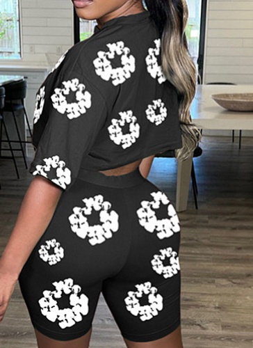 2025 Casual Women Print Round Collar Short Sleeves Shorts 2 Pieces Sets DD-88224