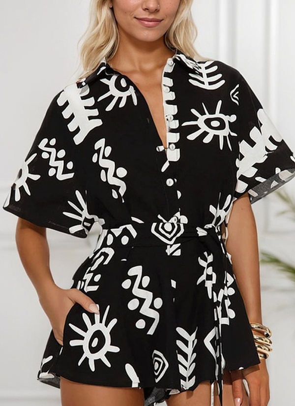 Black Lapel Waisted Women'S Short-Sleeved Casual Loose Jumpsuit