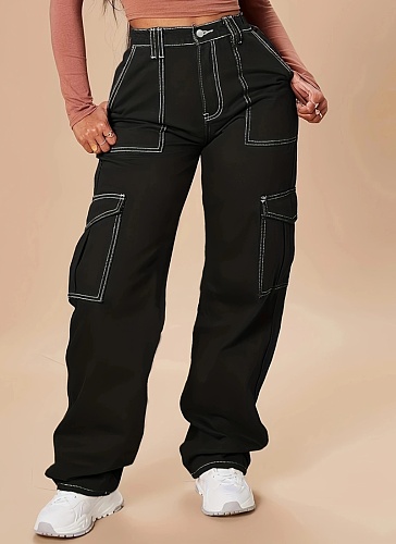 Personalized Street Loose Wide-Leg Workwear Multi-Pocket Women'S Jeans
