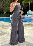 Sexy Tube Top Multi-Pocket Workwear Wide-Leg Jumpsuit For Women