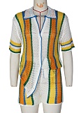Sexy Color Matching Hollow Lapel Knitted Shirt Shorts Two-Piece Suit For Women