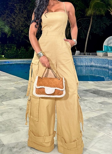 Sexy Tube Top Multi-Pocket Workwear Wide-Leg Jumpsuit For Women