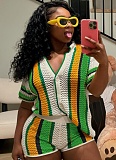 Sexy Color Matching Hollow Lapel Knitted Shirt Shorts Two-Piece Suit For Women