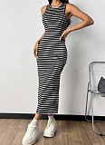 Striped Print Slit Holiday Style Sexy Backless Dress For Women
