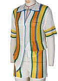 Sexy Color Matching Hollow Lapel Knitted Shirt Shorts Two-Piece Suit For Women