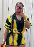 Sexy Color Matching Hollow Lapel Knitted Shirt Shorts Two-Piece Suit For Women