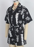 Black Lapel Waisted Women'S Short-Sleeved Casual Loose Jumpsuit