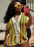 Sexy Color Matching Hollow Lapel Knitted Shirt Shorts Two-Piece Suit For Women