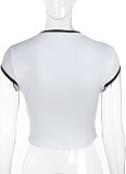 2025 Summer Letter Printed Contrast Color Edge Short Sleeve Tops For Women