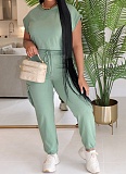 New Casual Round Neck Solid Color Top Elastic Waist Pants Two-piece Set