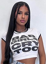2025 Summer Letter Printed Contrast Color Edge Short Sleeve Tops For Women