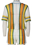 Sexy Color Matching Hollow Lapel Knitted Shirt Shorts Two-Piece Suit For Women